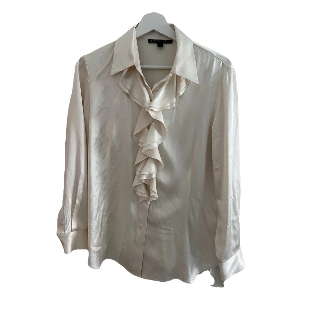 Lafayette 148 New York Women's 100% Silk Size 10 Ruffled Button-Up Blouse